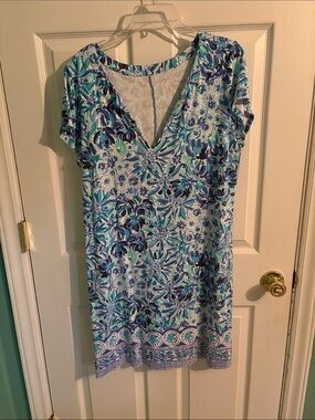 Lilly Pulitzer Teal, Blue & White Floral V-Neck Swim Coverup